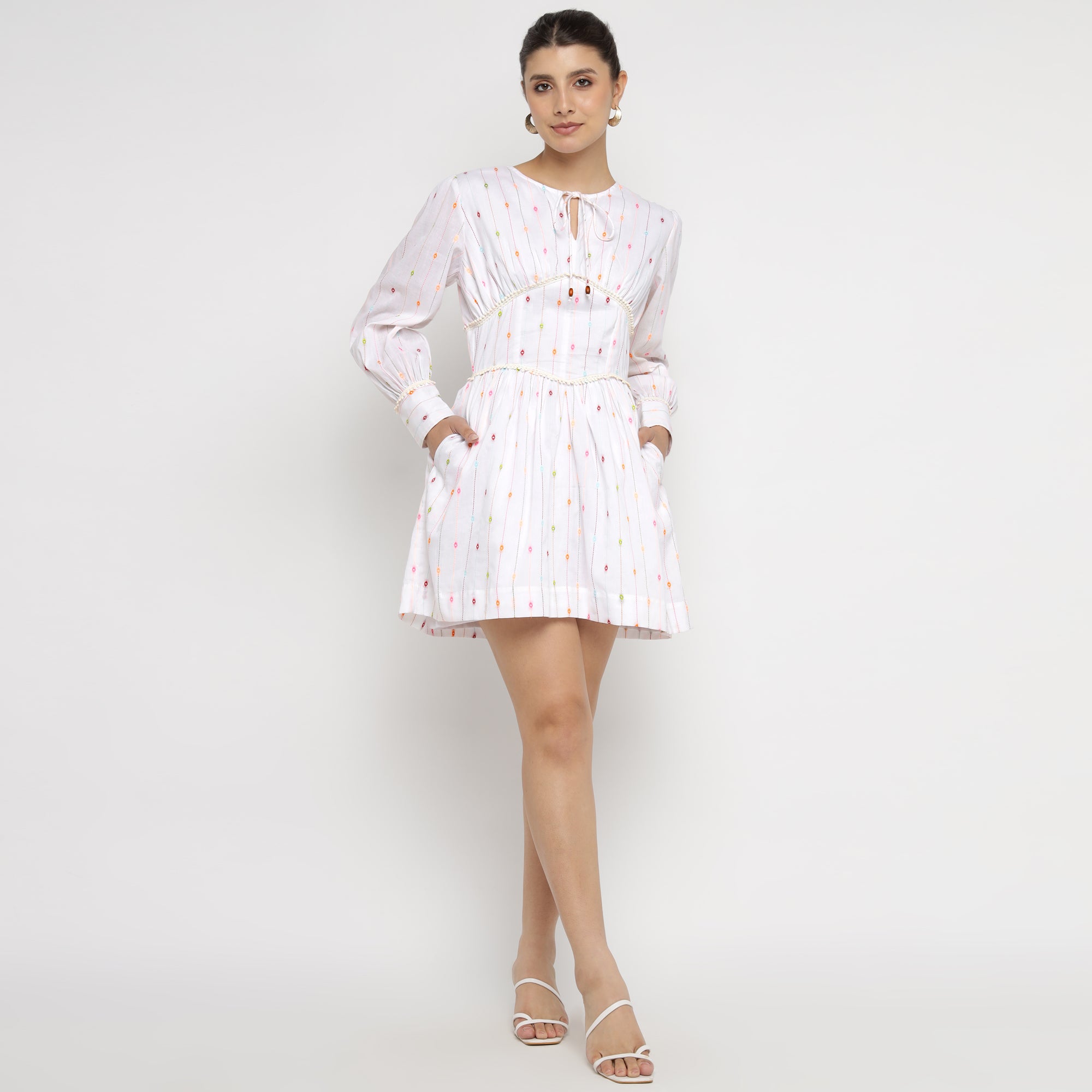 Whimsical White Woven Stripe Mini Dress